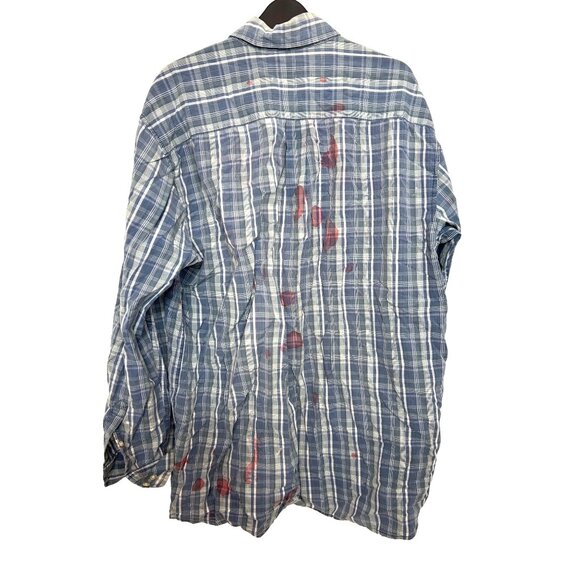 Halloween Costume Men’s Zombie Shirt Blue White Plaid L Vtg ‘“Blood” Long Sleeve - Picture 5 of 11